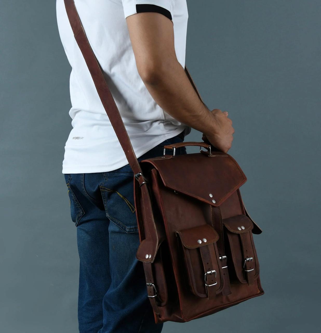 Craftshades – 12 x16 Inch 4 Pockets Dark Brown Handcrafted Leather Backpack | 100% Genuine Leather