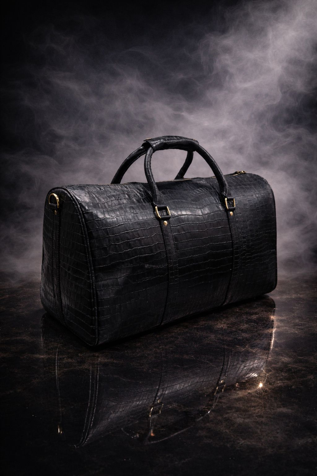Forest Black Embossed Genuine Leather Duffle Bag