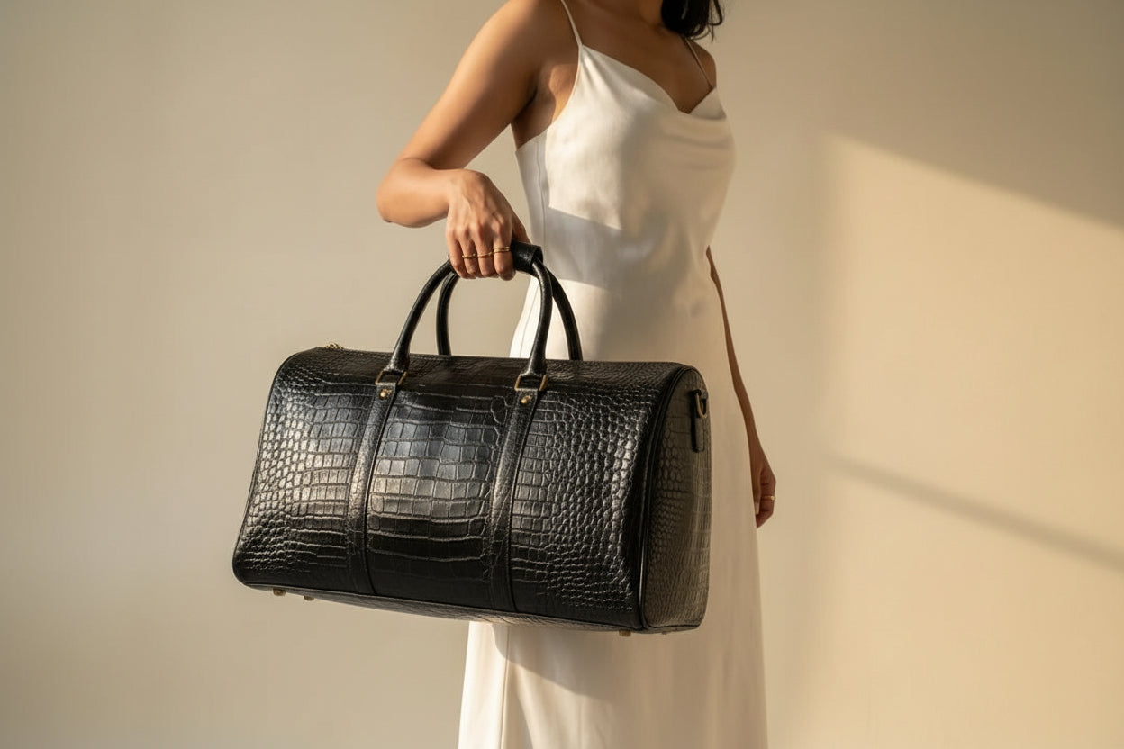 Forest Black Embossed Genuine Leather Duffle Bag
