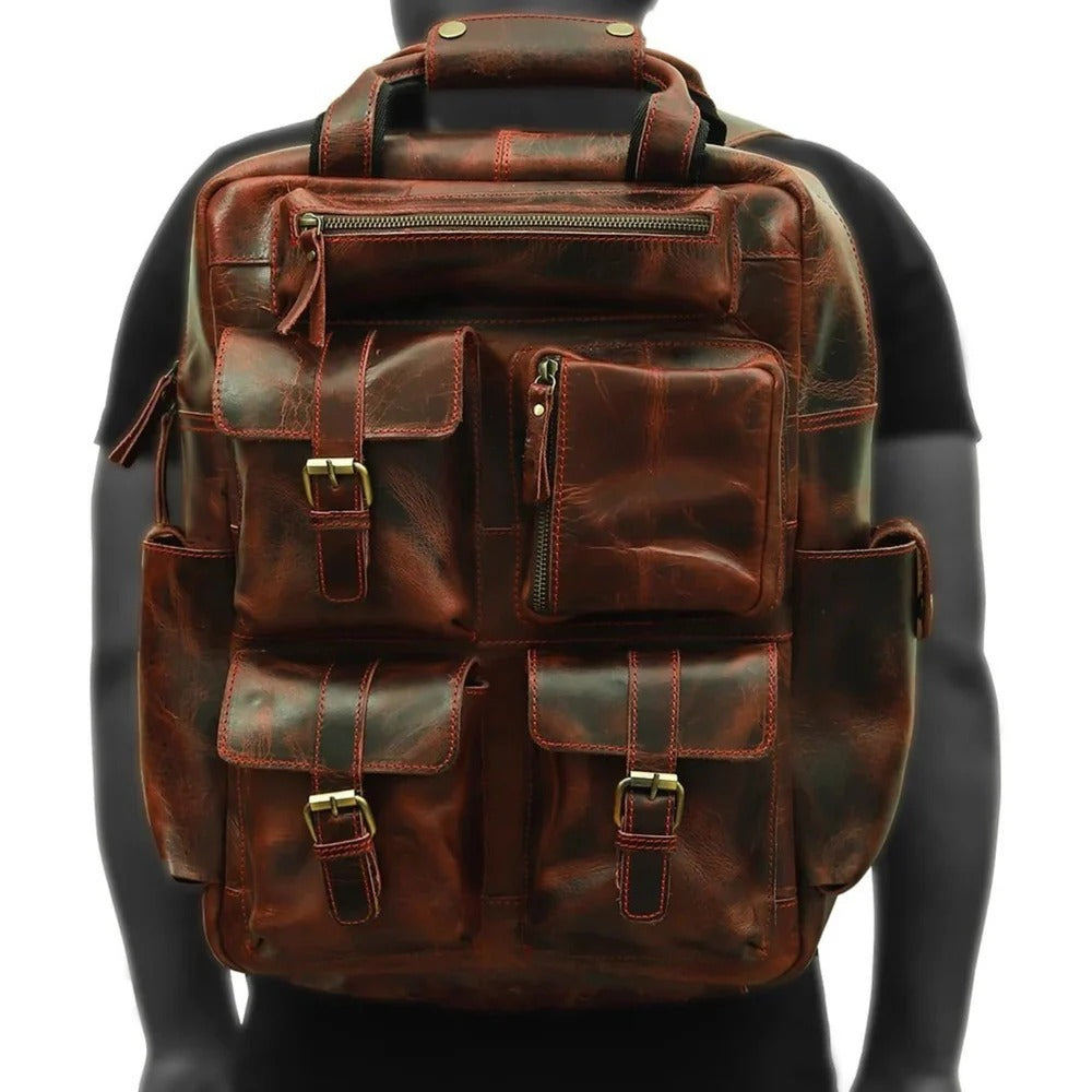 Cherry Brown Leather Travel Backpack
