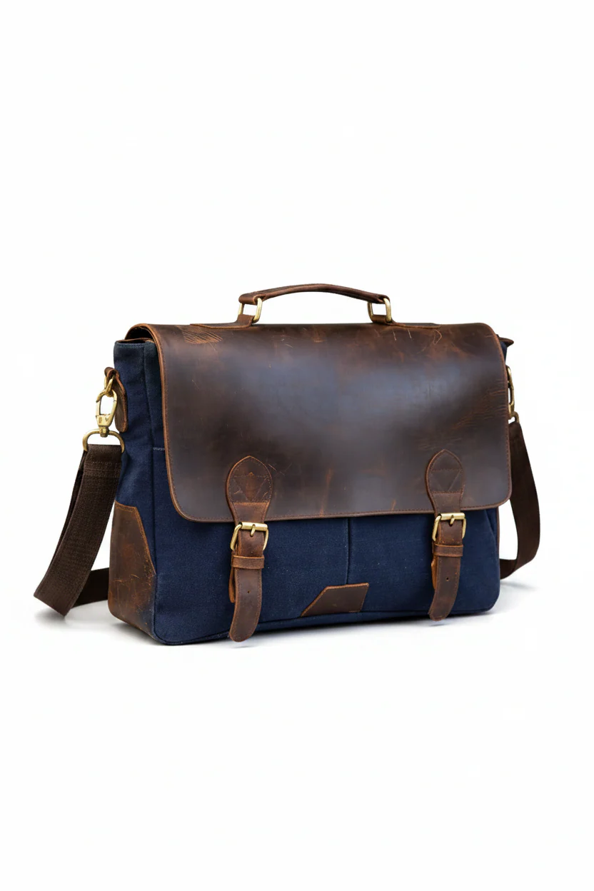 Craftshades – 11*15" Handcrafted Canvas+ Goat Leather Laptop Bag (Brown) | 100% Genuine Leather