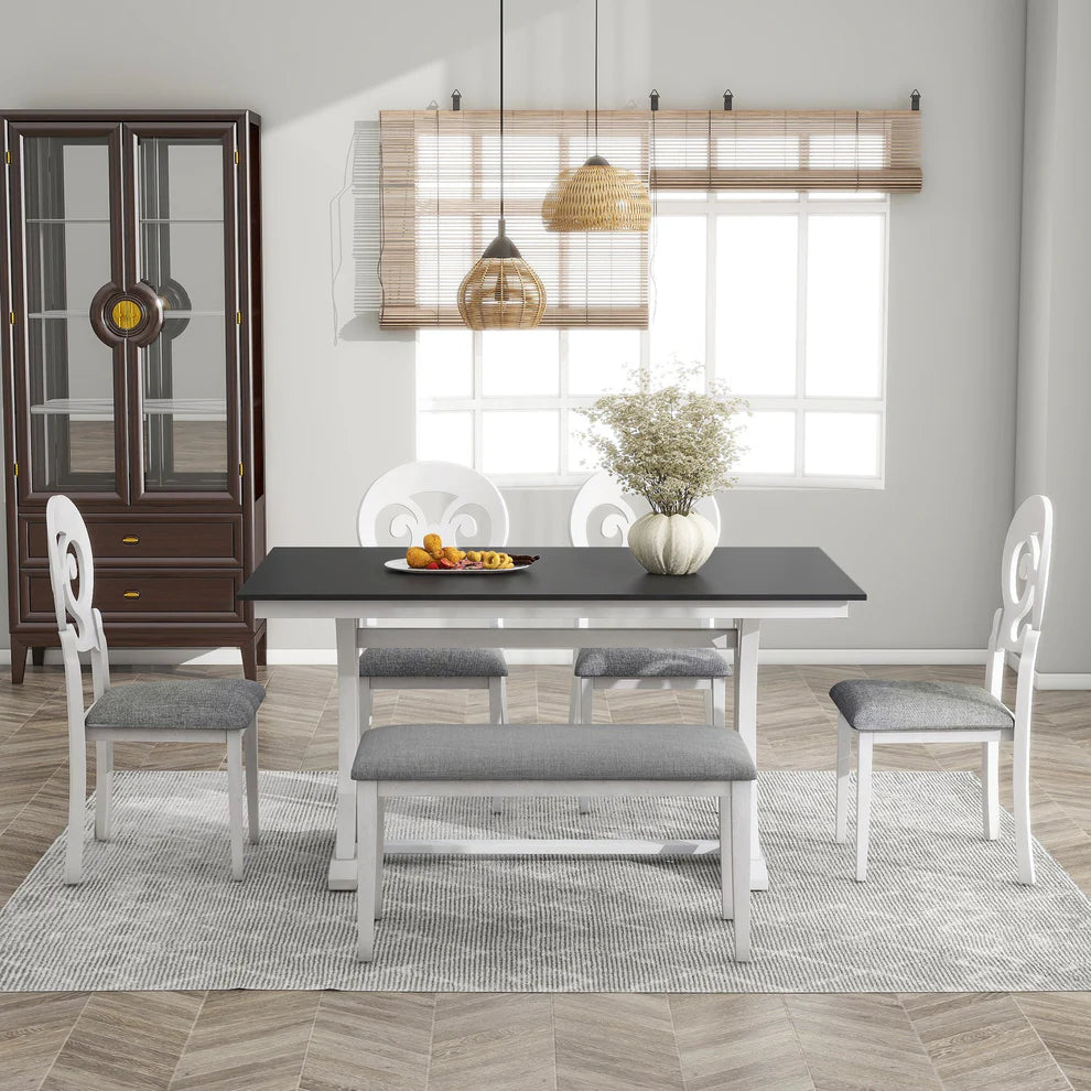 Mid-Century 6-Piece Trestle Dining Set with Victorian Upholstery
