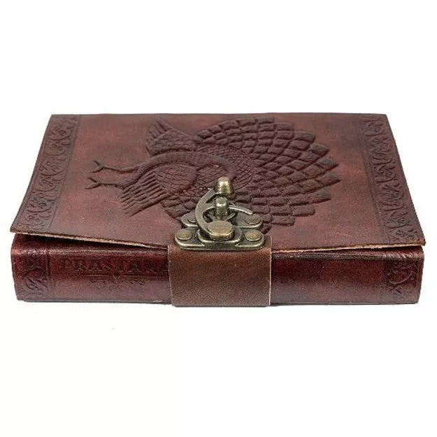 Handcrafted Leather Journal – Peacock Engraved, Lock (7x5", Brown)
