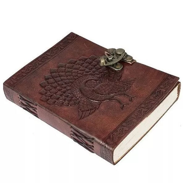 Handcrafted Leather Journal – Peacock Engraved, Lock (7x5", Brown)