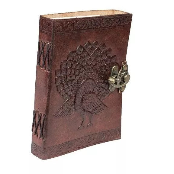 Handcrafted Leather Journal – Peacock Engraved, Lock (7x5", Brown)