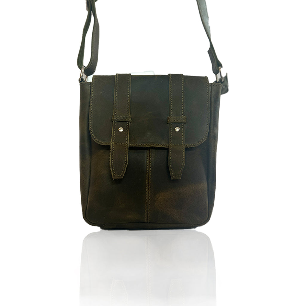 Craftshades -9 inches Green Colour Double Strip Buffalo Leather Sling Bag | 100% Genuine Leather