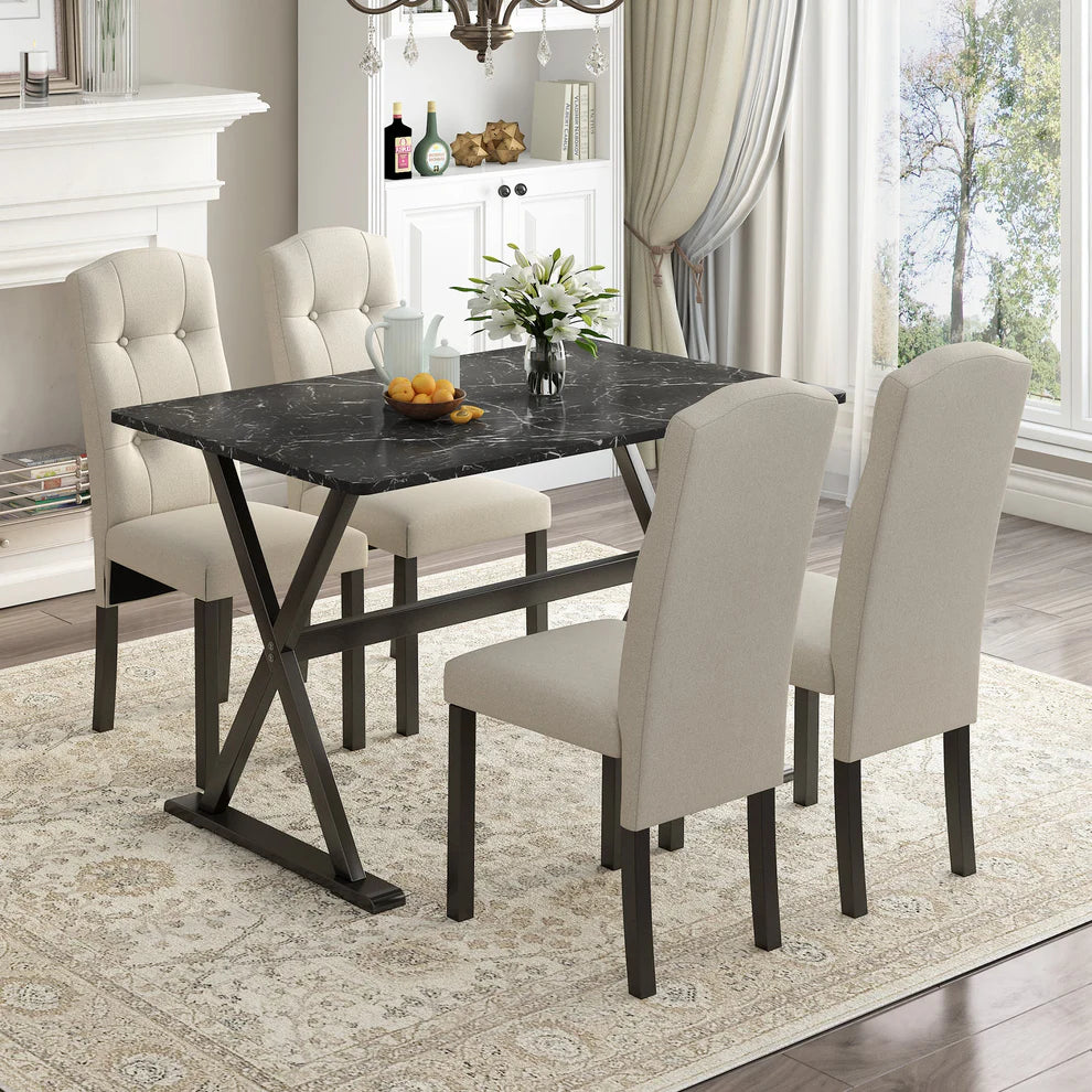 Elegant 5-Piece Solid Wood Dining Set with Faux Marble Top