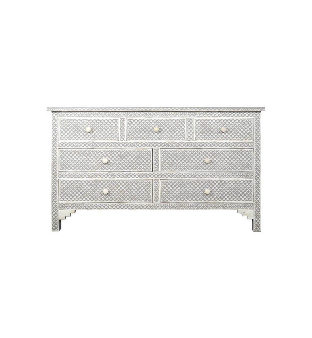 Bone Inlay Chest of 7 Drawers Fish-Scale Design in Grey Color