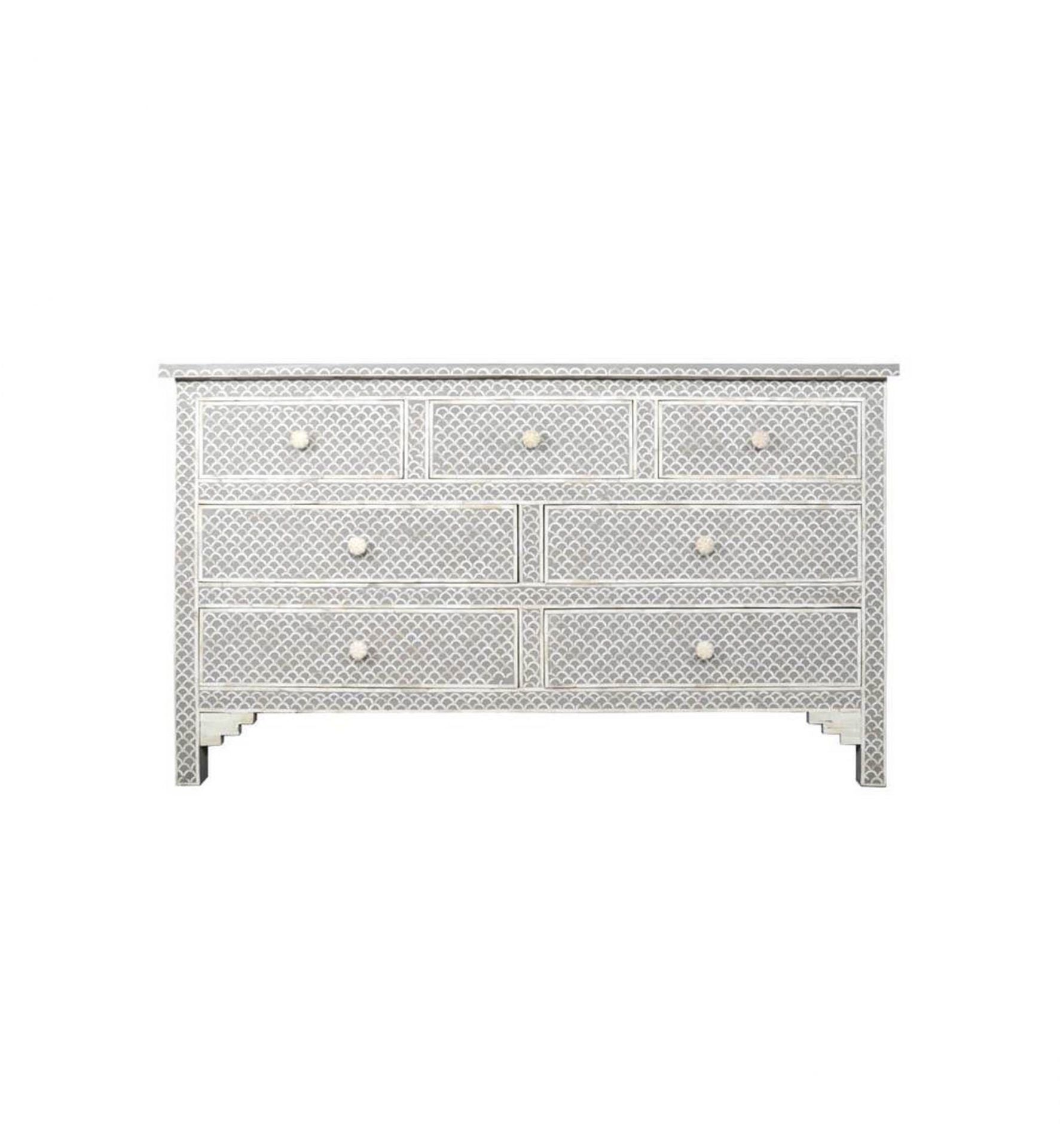 Bone Inlay Chest of 7 Drawers Fish-Scale Design in Grey Color