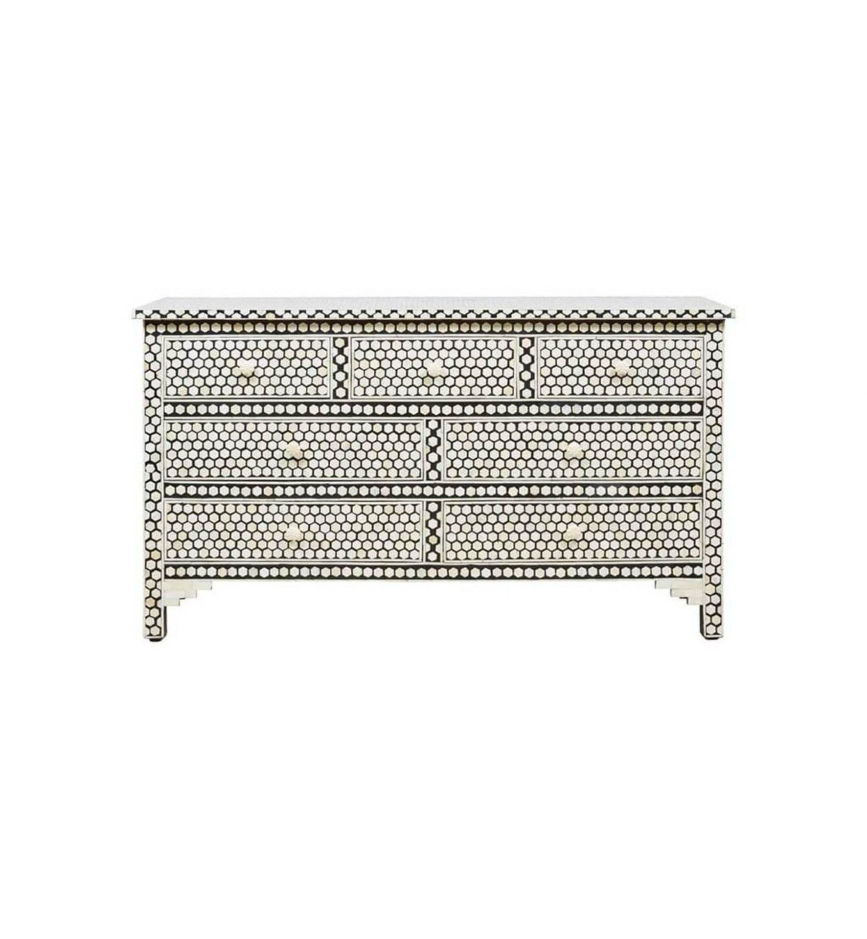 Bone Inlay Chest of 7 Drawers Hexagonal Design in Black Color