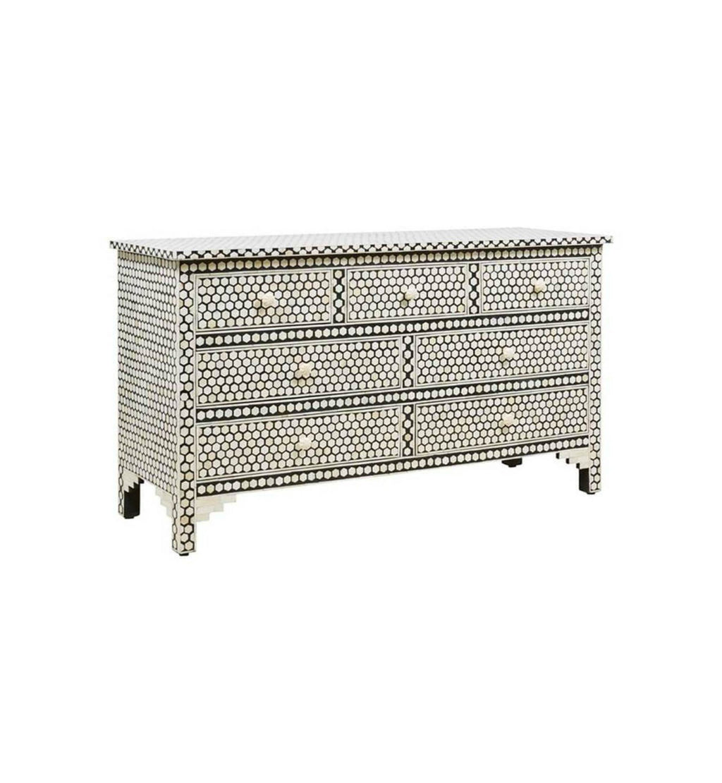 Bone Inlay Chest of 7 Drawers Hexagonal Design in Black Color