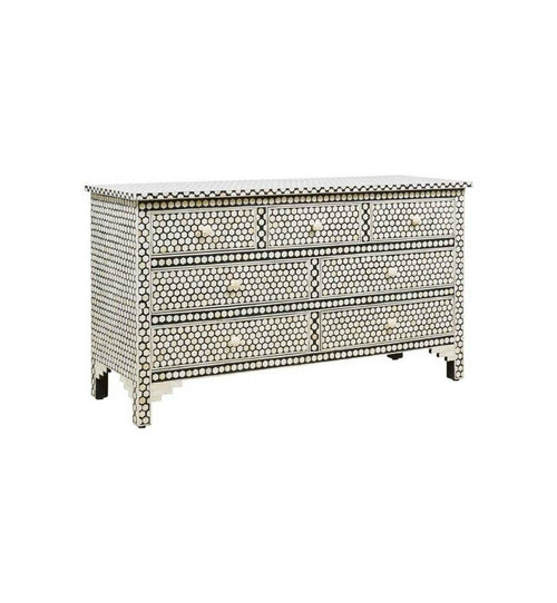 Bone Inlay Chest of 7 Drawers Hexagonal Design in Black Color