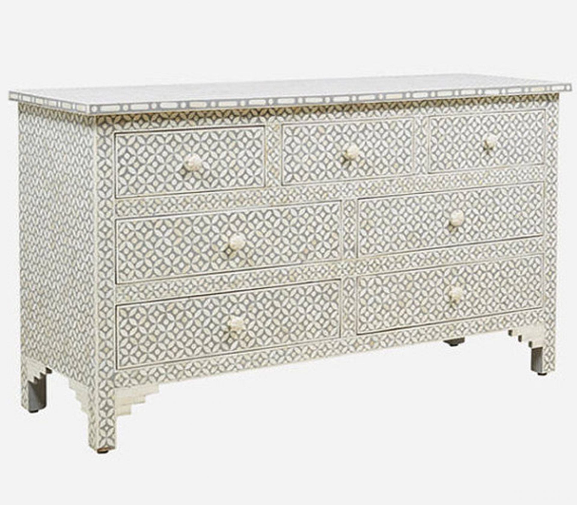 Bone Inlay Chest of 7 Drawers Geometric Design in Grey Color