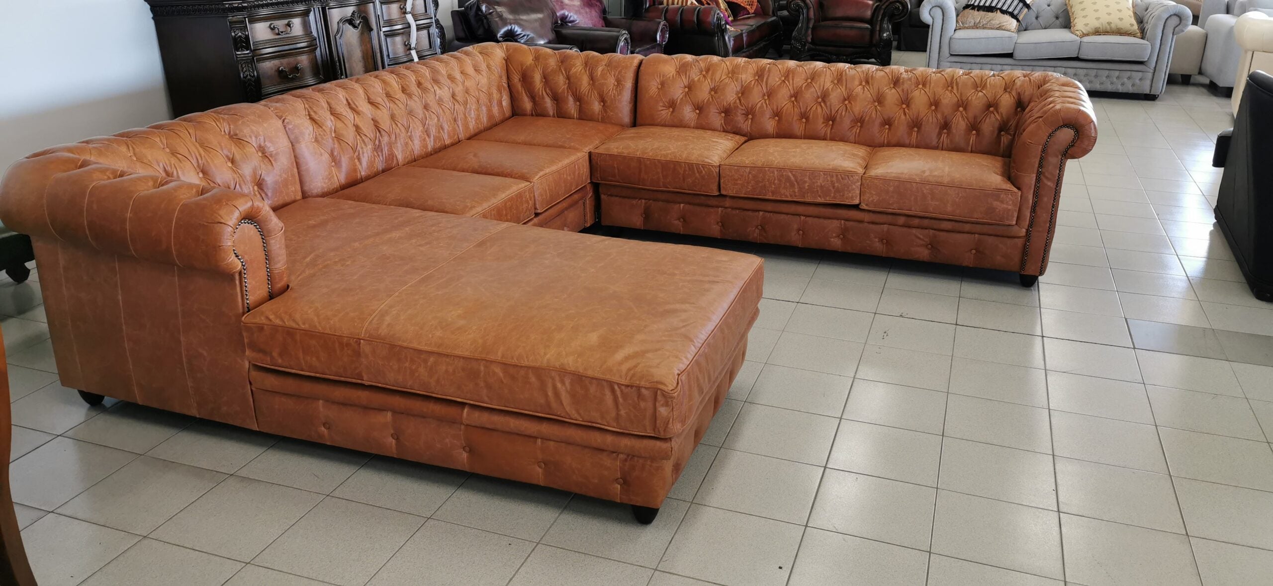 Craftshades Whiskey Brown L shape Chesterfield sofa