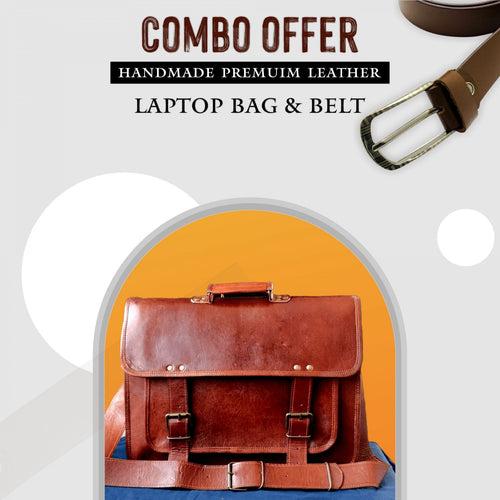 CraftShades  Combo Offer - Handmade Leather Laptop Big Pocket Bag, &amp; Brown Belt