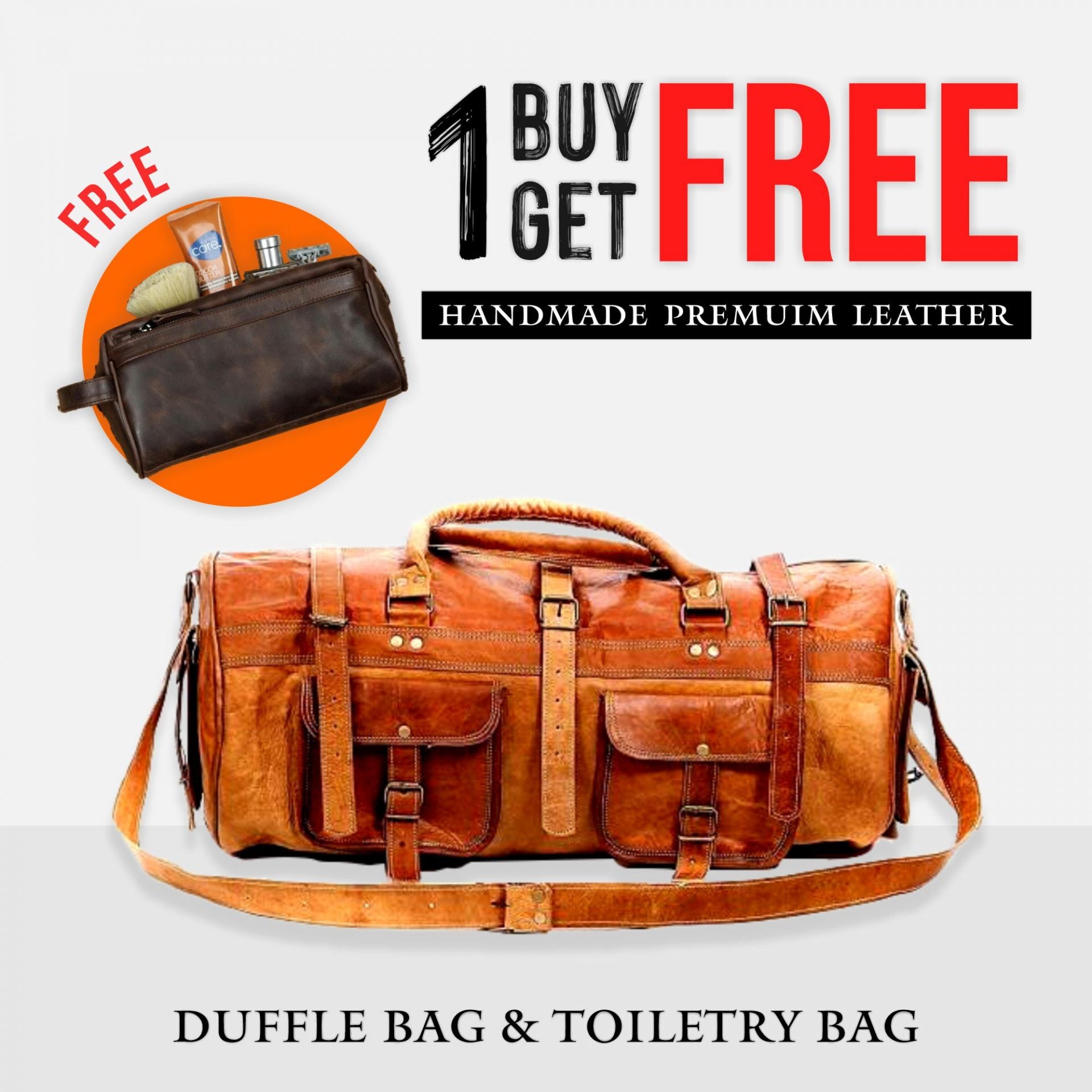 Craftshades Combo - 3 Outer Pockets 24" Edge Handcrafted Duffle Leather Bag &amp; Toiletry Bag