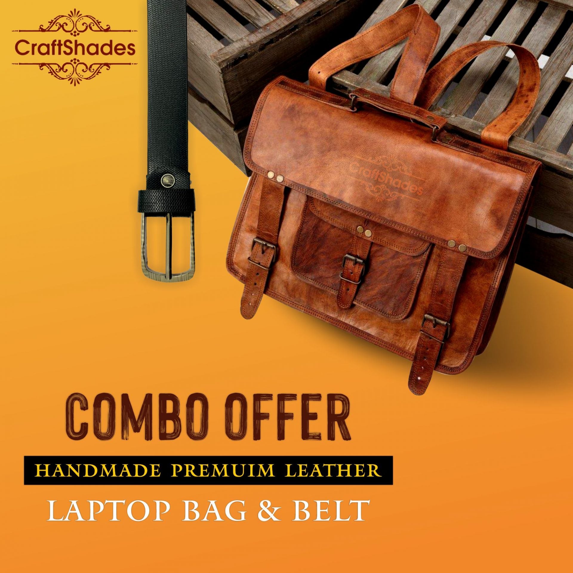 CraftShades  Combo Offer - 15 Inch Handmade Leather Laptop Bag, &amp; Belt