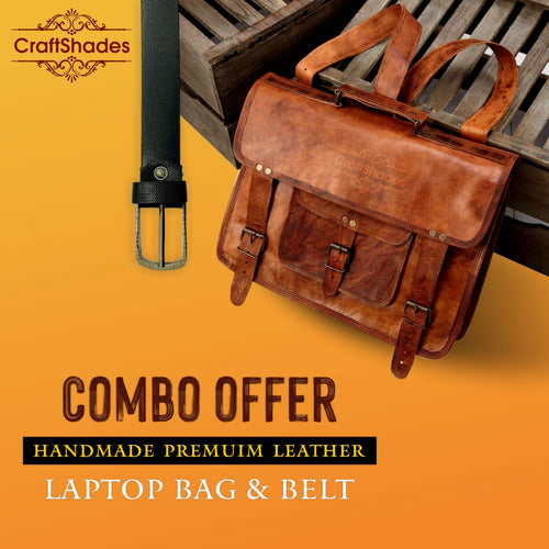 CraftShades  Combo Offer - 15 Inch Handmade Leather Laptop Bag, &amp; Belt