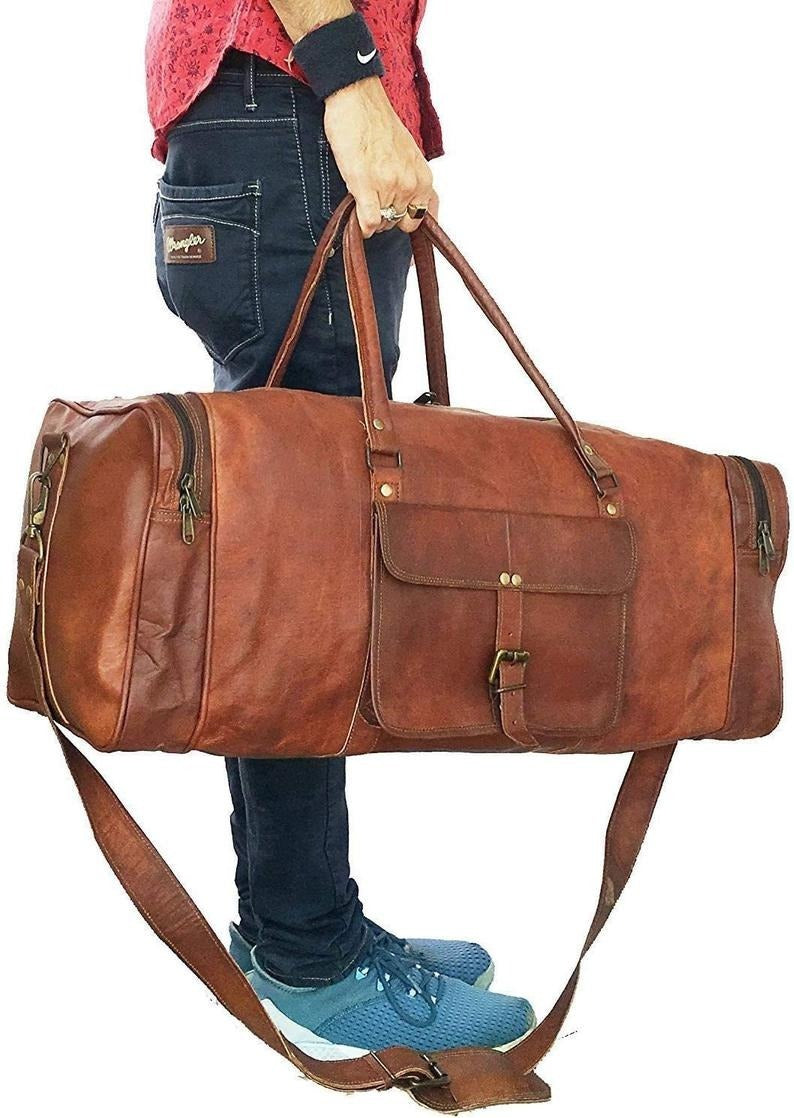 Craftshades - 20 Inch 3 Outer Pockets (Expandable) Edge Handcrafted Duffle Goat Leather Bag | 100% Genuine Leather