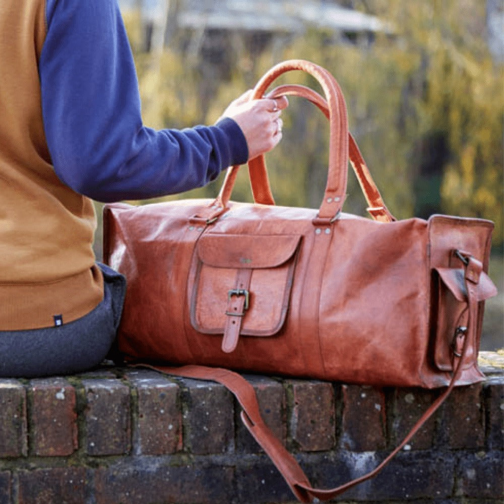 Craftshades - 20 Inch 3 Outer Pockets (Expandable) Edge Handcrafted Duffle Goat Leather Bag | 100% Genuine Leather
