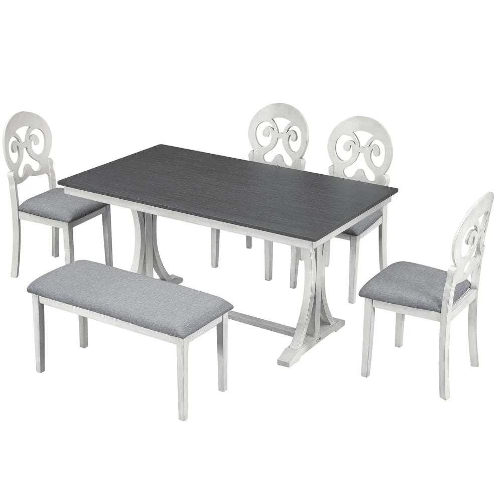Mid-Century 6-Piece Trestle Dining Set with Victorian Upholstery