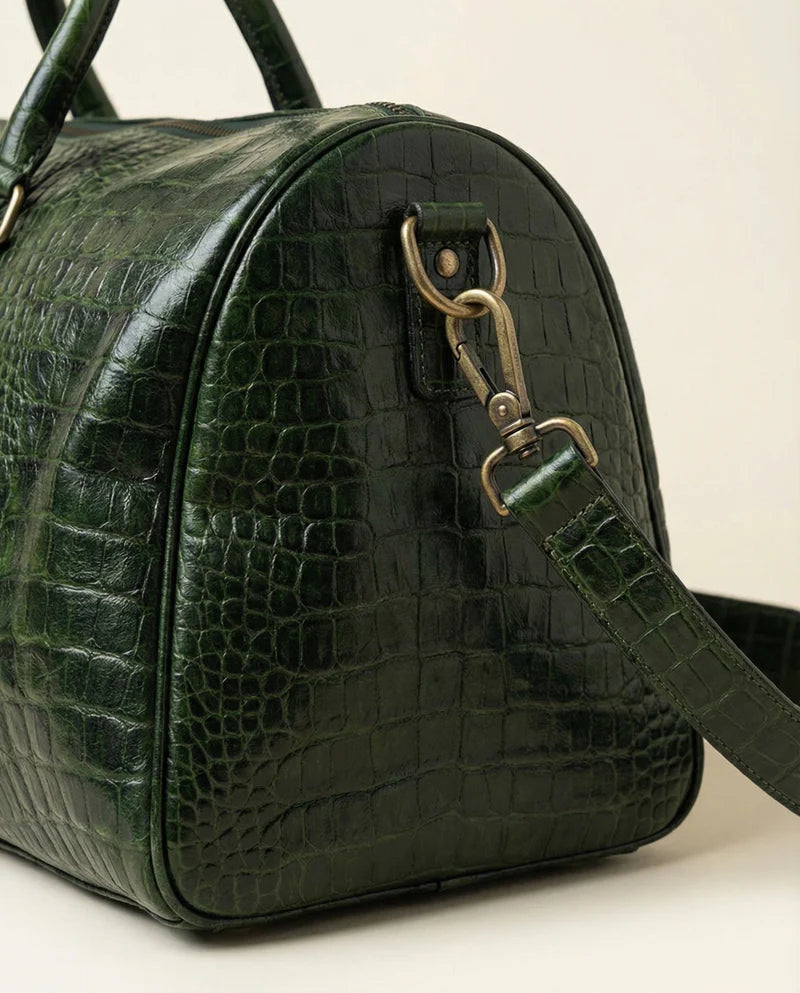 Forest Green Embossed Genuine Leather Duffle Bag