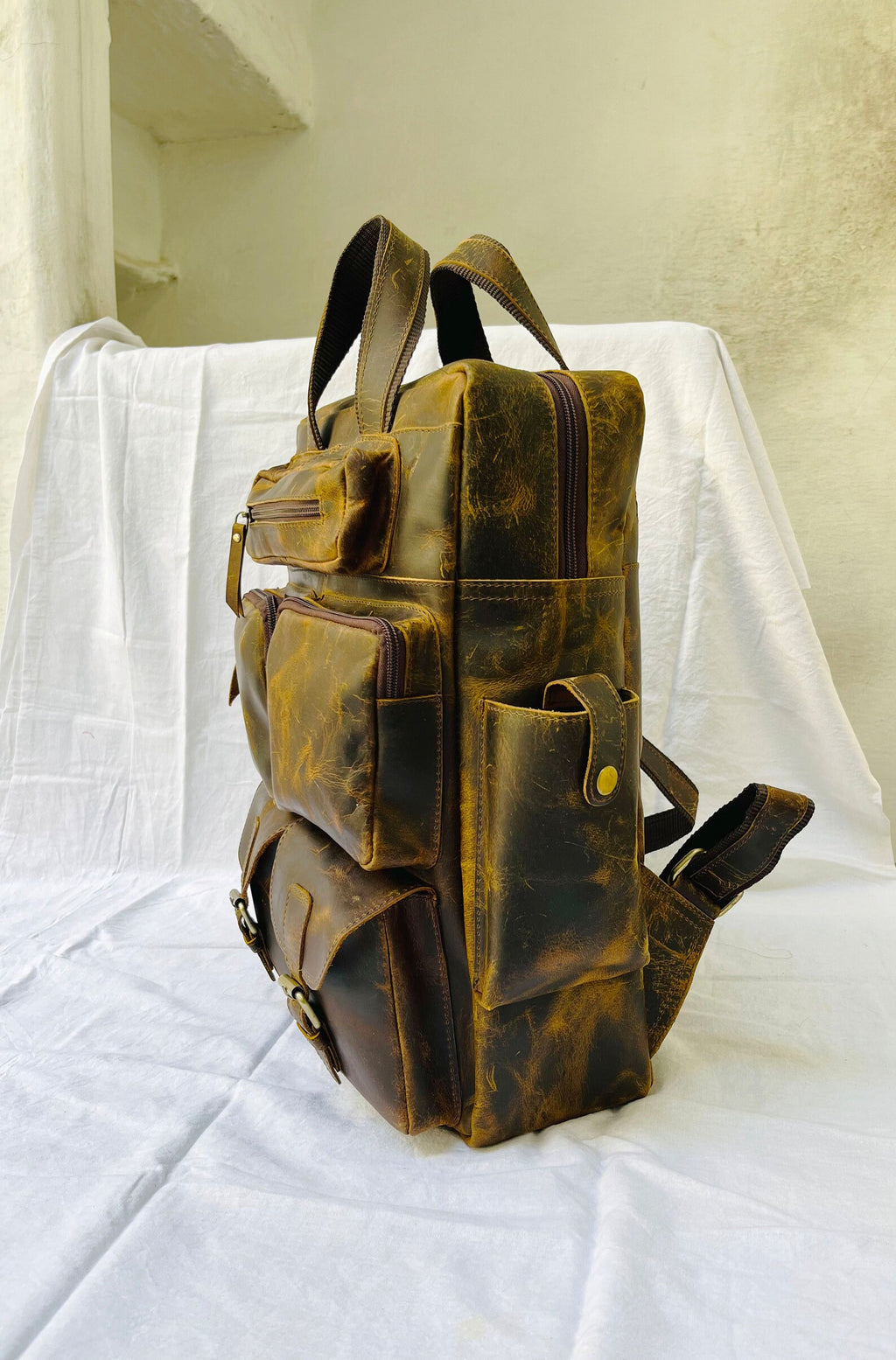 Full Grain Leather Backpack, Vintage Rucksack Laptop Travel Bag