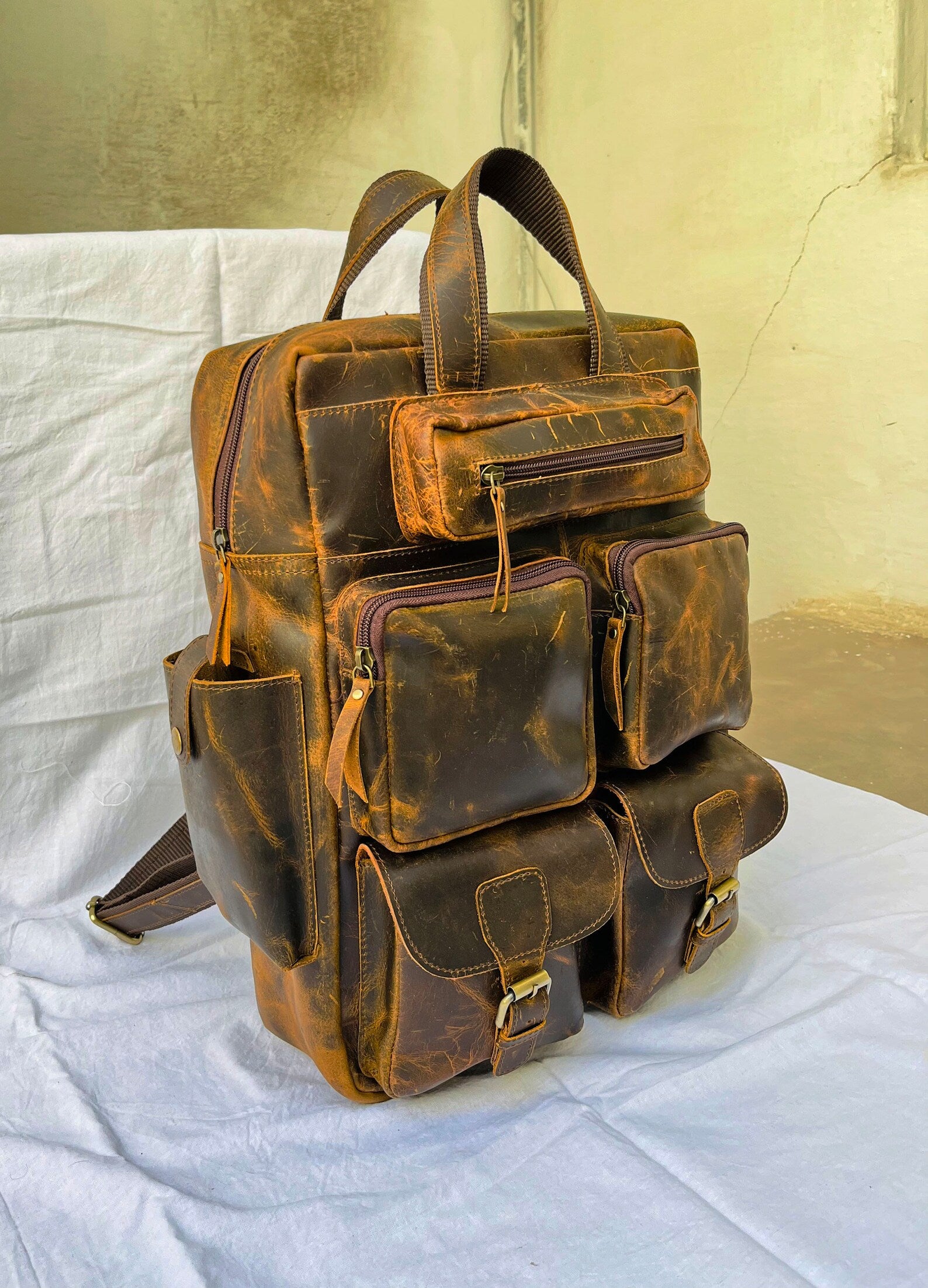 Full Grain Leather Backpack, Vintage Rucksack Laptop Travel Bag