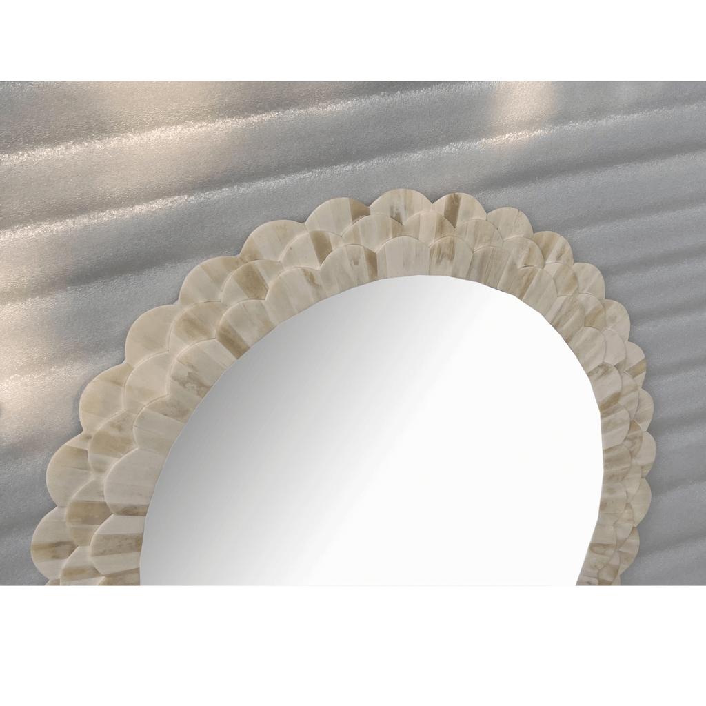 Handmade Round Bone Inlay Mirror Frame – Petal Carving Design