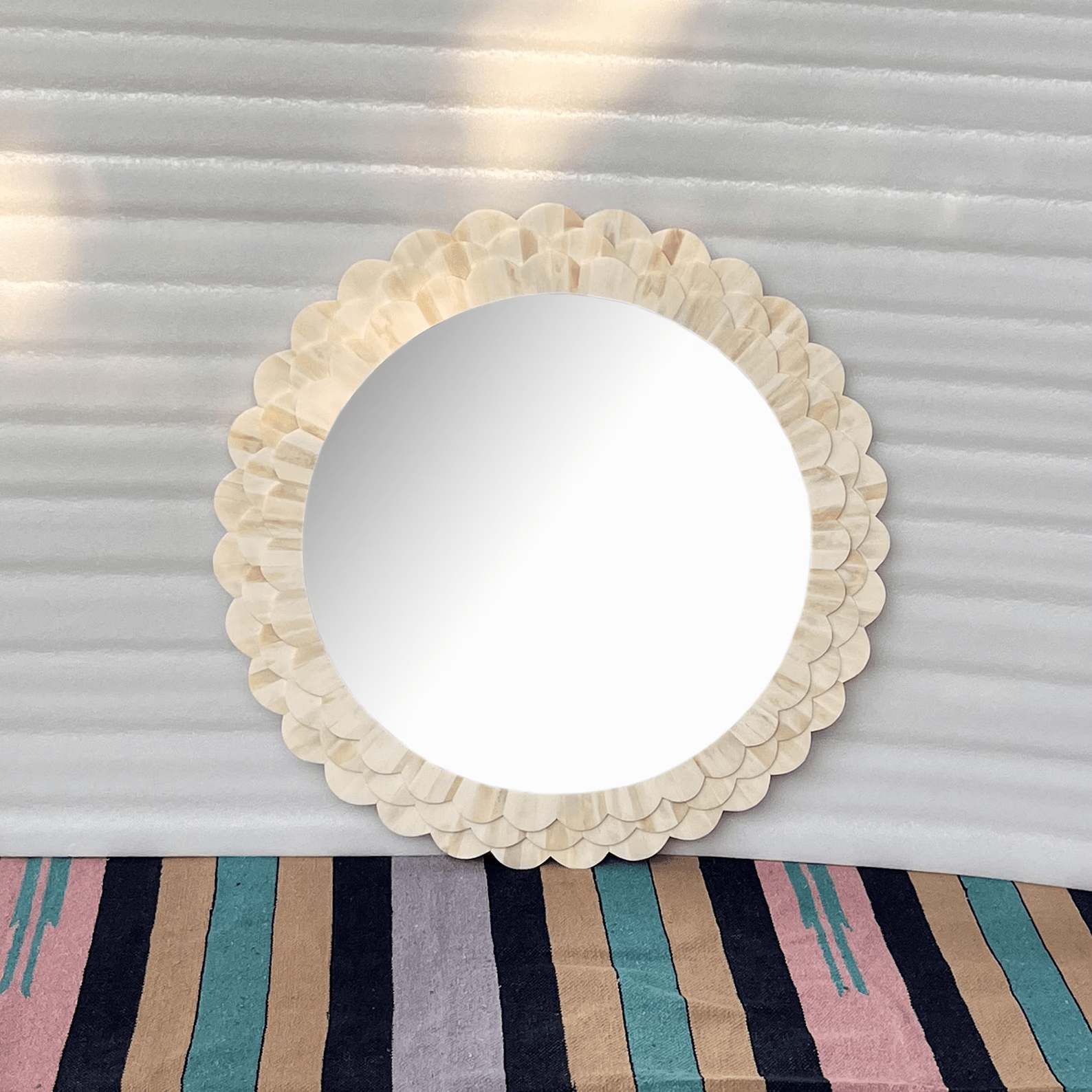 Handmade Round Bone Inlay Mirror Frame – Petal Carving Design