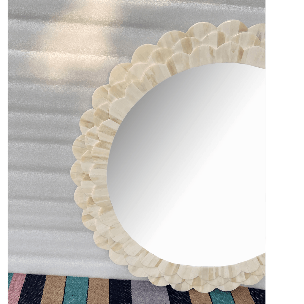 Handmade Round Bone Inlay Mirror Frame – Petal Carving Design