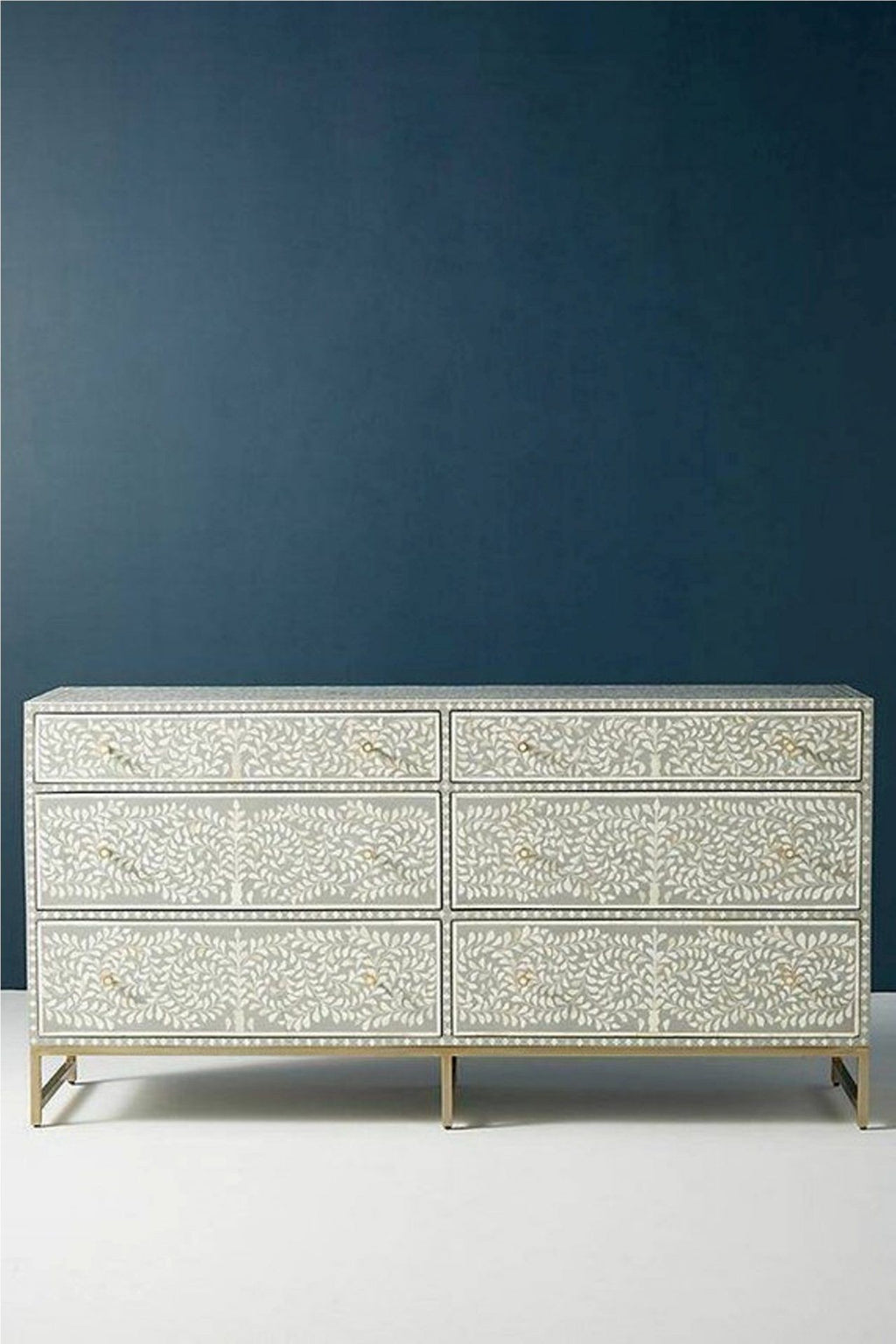 Bone Inlay Chest of 6 Drawers Floral Design in Grey Color