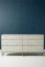 Bone Inlay Chest of 6 Drawers Floral Design in Grey Color