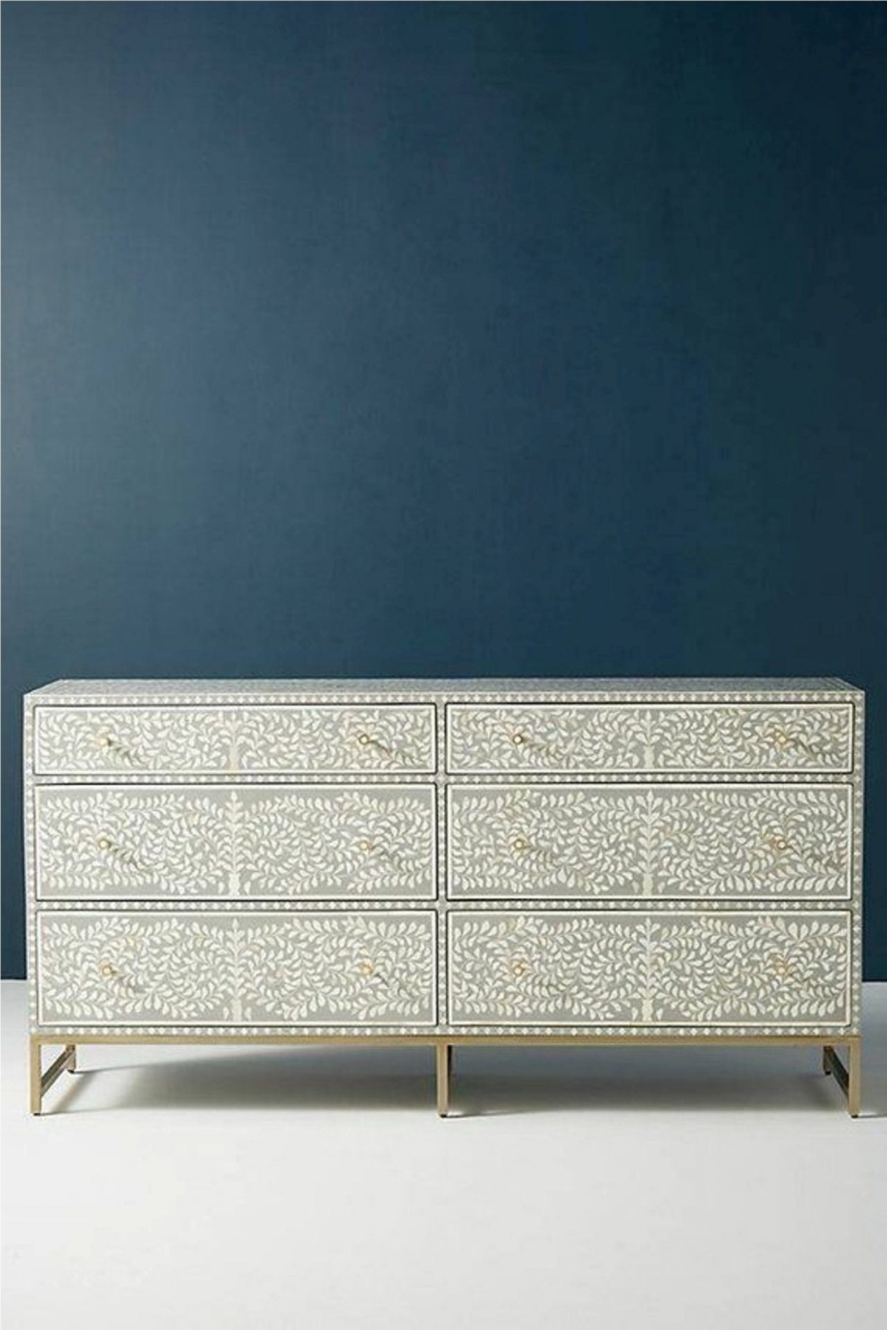 Bone Inlay Chest of 6 Drawers Floral Design in Grey Color