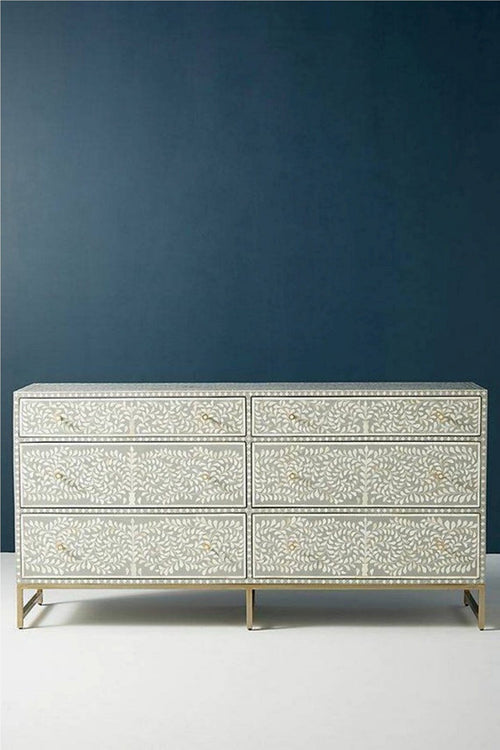 Bone Inlay Chest of 6 Drawers Floral Design in Grey Color