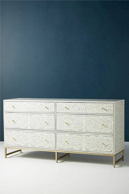 Bone Inlay Chest of 6 Drawers Floral Design in Grey Color