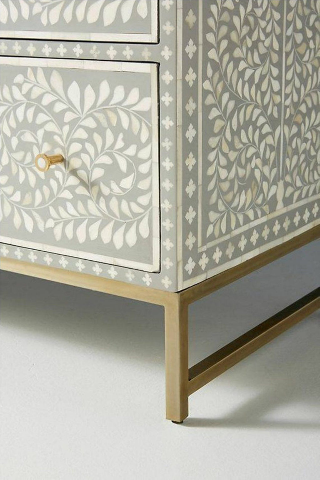 Bone Inlay Chest of 6 Drawers Floral Design in Grey Color