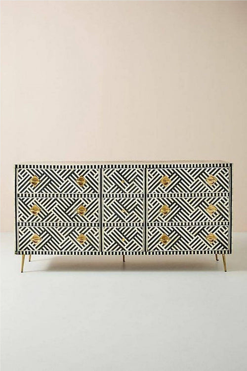 Bone Inlay Optical Inlay Chest of 9 Drawers in Black