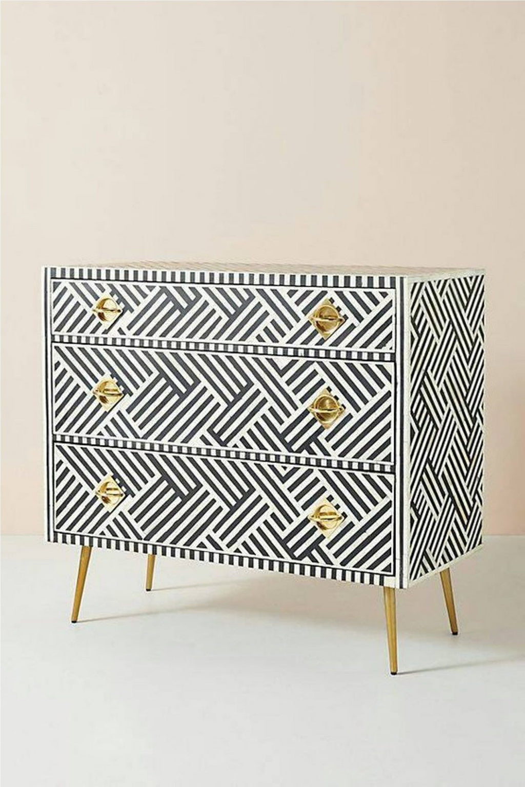 Bone Inlay Chest of 3 Drawers Stripe Line Design in Black Color