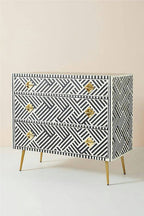 Bone Inlay Chest of 3 Drawers Stripe Line Design in Black Color