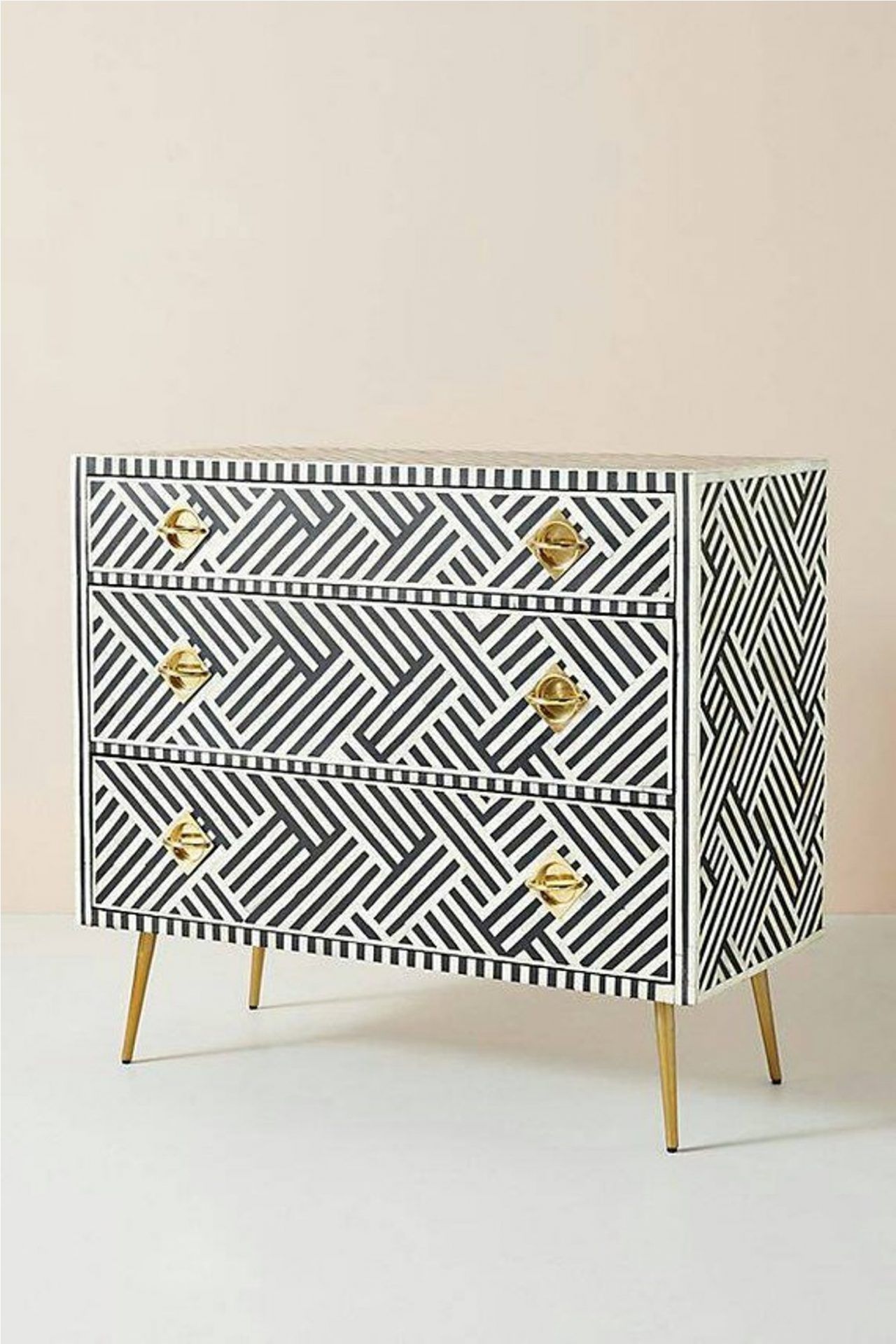 Bone Inlay Chest of 3 Drawers Stripe Line Design in Black Color