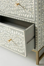 Bone Inlay Chest of 6 Drawers Floral Design in Grey Color