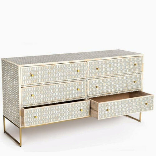 Bone Inlay Chest of 6 Drawers Geometric Design in Grey Color
