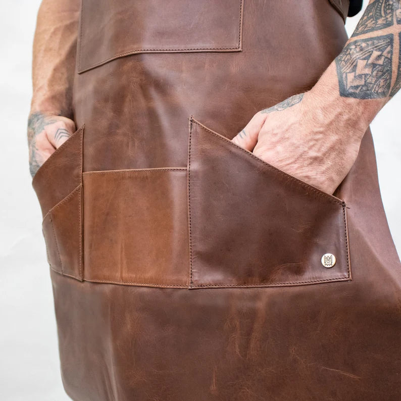 CraftShades Distressed Multi-Pocket Leather Apron - Brown Full Grain Leather - Butchers Apron For Hobbyists Woodwork Blacksmith with Pockets by CraftShades
