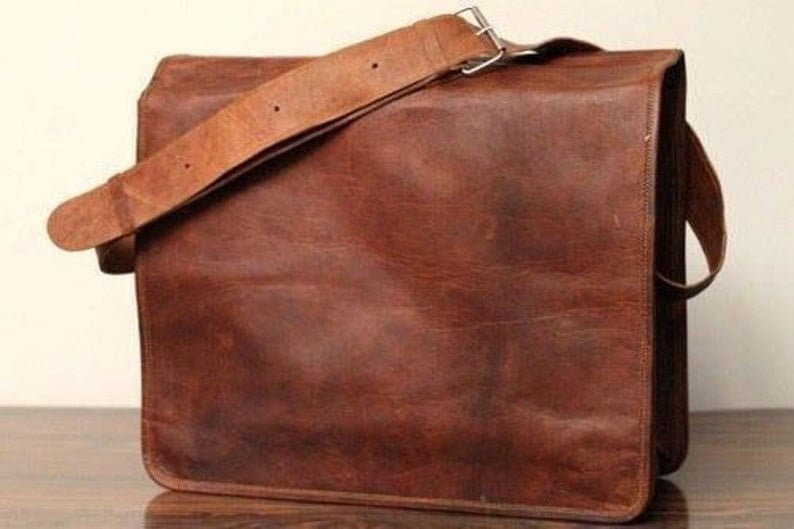 Craftshades – 18 Inch Double Strip Handcrafted Messenger Goat Leather Bag (Brown) | 100% Genuine Leather