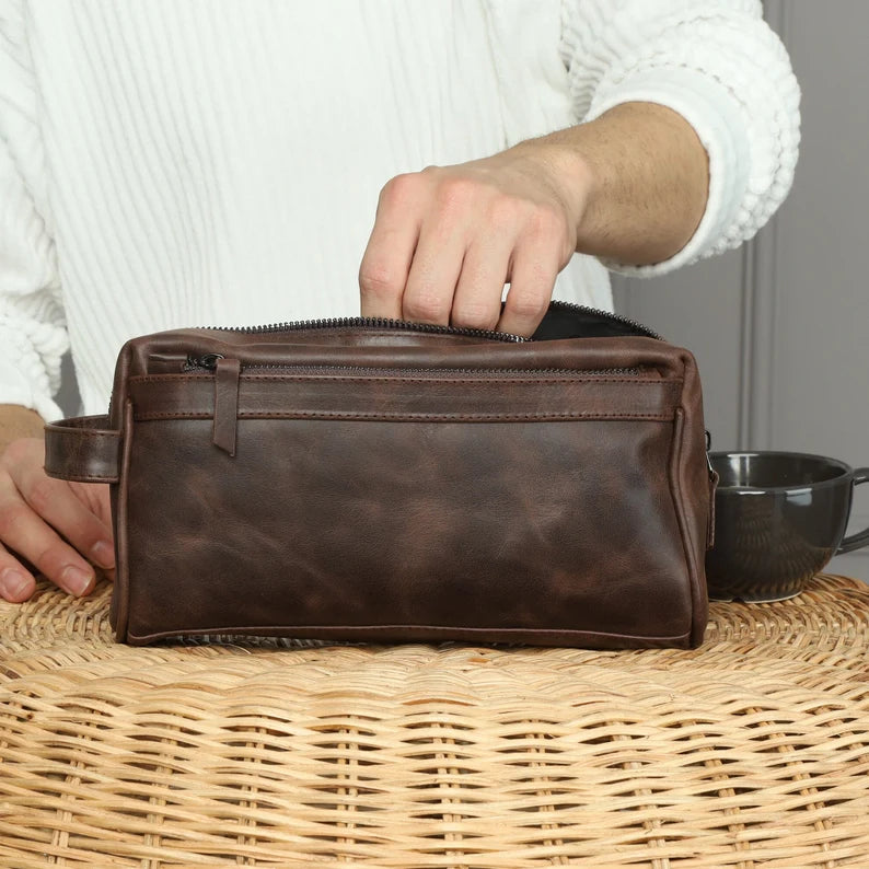 Craftshades Combo - 3 Outer Pockets 24" Edge Handcrafted Duffle Leather Bag &amp; Toiletry Bag
