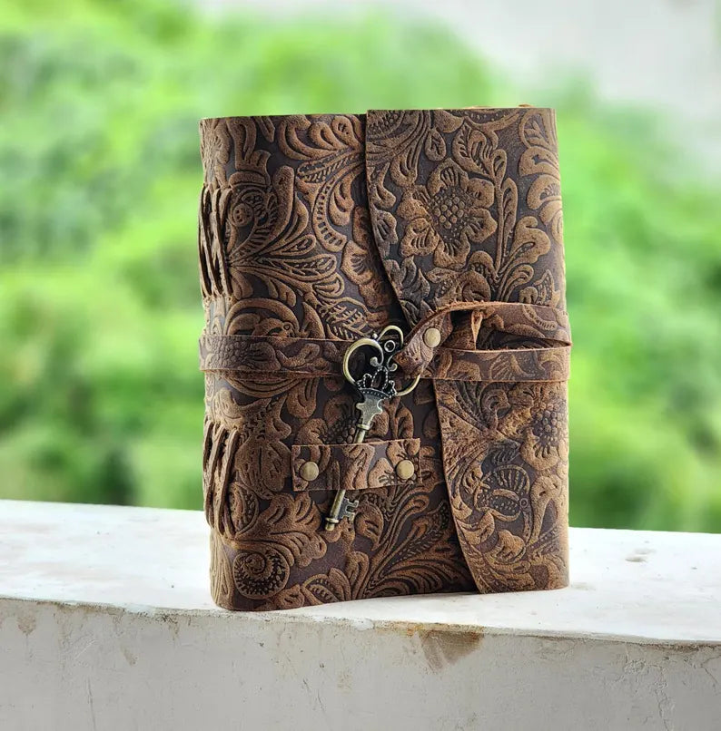 Vintage Floral Lock Leather Diary with Wrap Strap