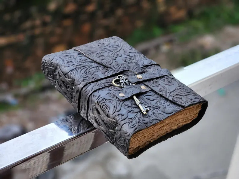 Vintage Floral Lock Leather Diary with Wrap Strap