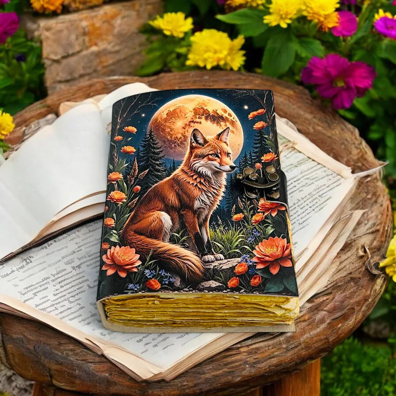 Moonlit Fox Art Leather Diary with Antique Lock