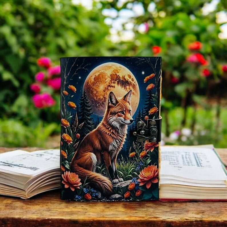 Moonlit Fox Art Leather Diary with Antique Lock